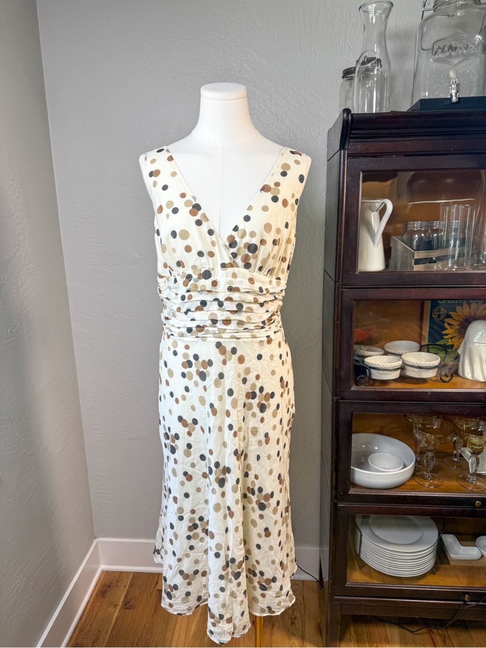 FYLO by Nylon Polka Dot Silk Blend Dress Cream Brown Sleeveless Midi Size 12